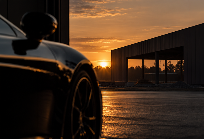 Exclusieve sportwagen bij zonsondergang voor het nieuwe pand van AEcars in Ardooie